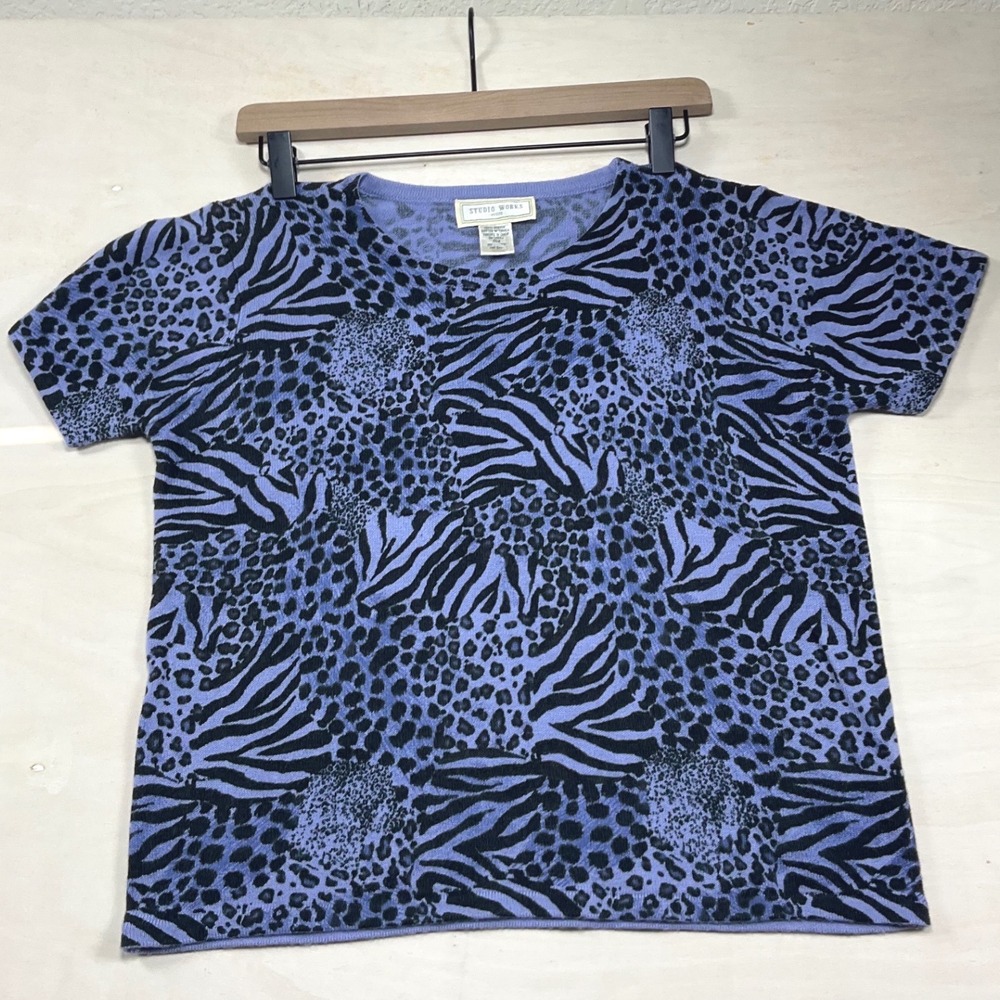Studio Works Petite Purple Animal Print Short Sleeve Knit Top PM Leopard Zebra